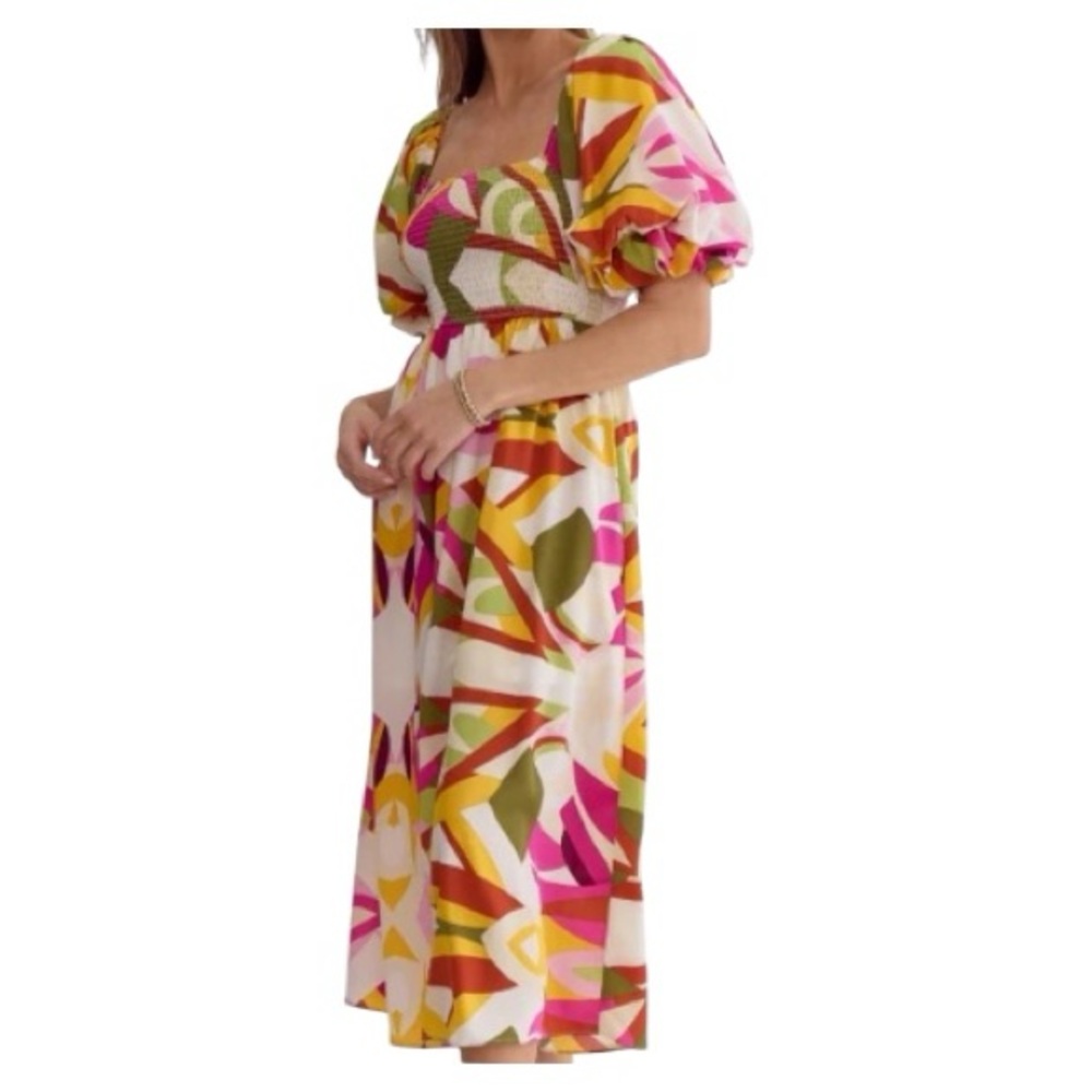 Cortado Colorful Abstract Puff-Sleeve Midi Dress size small